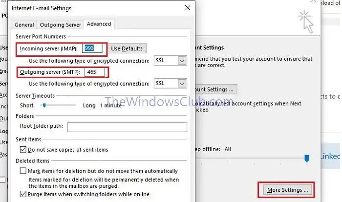 Paramètres du port du serveur SMTP Outlook Imap