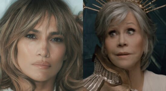 Jennifer Lopez pictured looking upset in bed and Jane Fonda pictured looking concerned in This Is Me...Now.