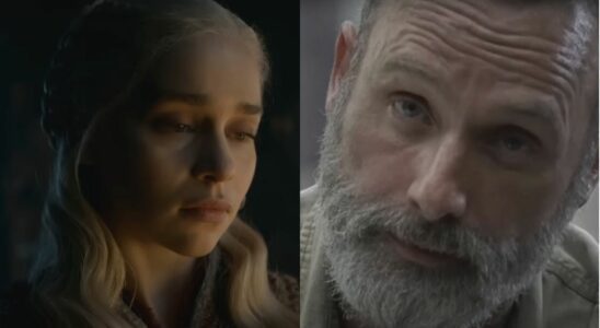 Emilia Clarke and Andrew Lincoln, both pictured wearing somber expressions, in Game of Thrones and The Walking Dead.