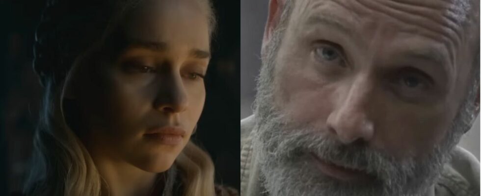 Emilia Clarke and Andrew Lincoln, both pictured wearing somber expressions, in Game of Thrones and The Walking Dead.