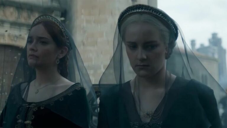 Olivia Cooke And Phia Saban in funeral scene in House of the Dragon Season 2, wearing black veils.