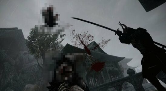 Skyrim: a pixelated image showing a head being chopped off by a sword.