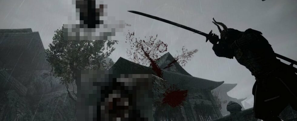 Skyrim: a pixelated image showing a head being chopped off by a sword.