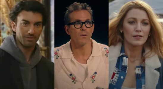 From left to right: Justin Baldoni as Ryle pointing in It Ends With Us, Ryan Reynolds looking sort of shocked in his interview for It Ends With Us, and Blake Lively as Lily walking in It Ends With Us.