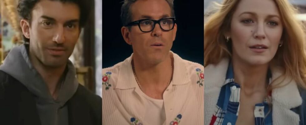 From left to right: Justin Baldoni as Ryle pointing in It Ends With Us, Ryan Reynolds looking sort of shocked in his interview for It Ends With Us, and Blake Lively as Lily walking in It Ends With Us.