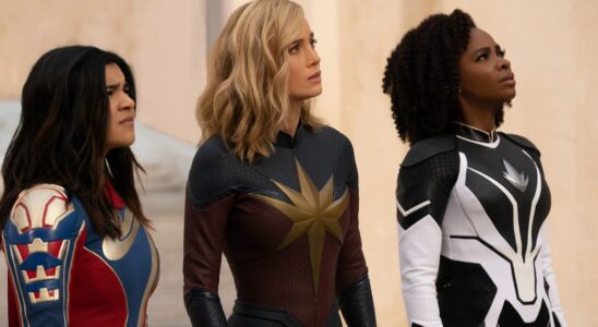 Iman Vellani as Ms. Marvel/Kamala Khan, Brie Larson as Captain Marvel/Carol Danvers, and Teyonah Parris as Captain Monica Rambeau in The Marvels