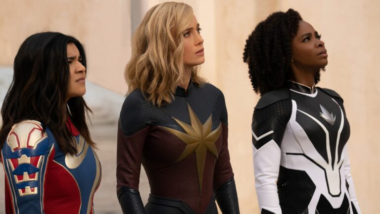 Iman Vellani as Ms. Marvel/Kamala Khan, Brie Larson as Captain Marvel/Carol Danvers, and Teyonah Parris as Captain Monica Rambeau in The Marvels