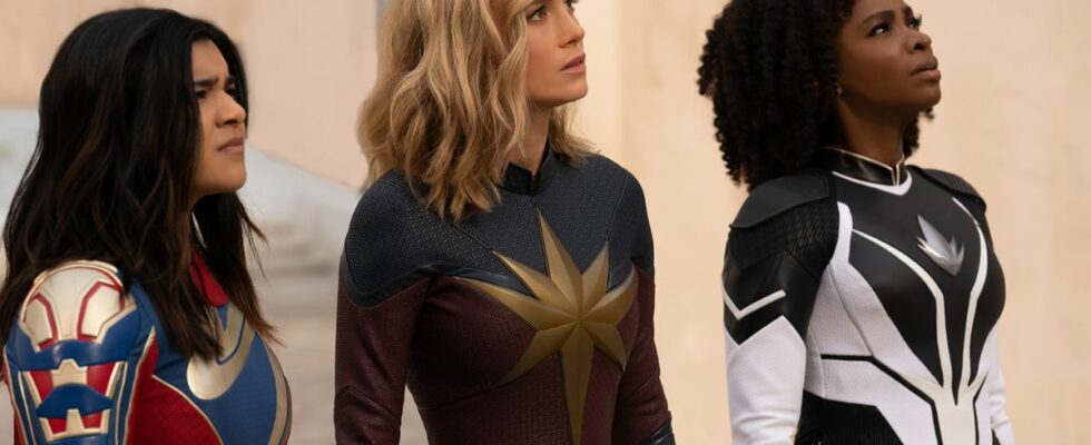 Iman Vellani as Ms. Marvel/Kamala Khan, Brie Larson as Captain Marvel/Carol Danvers, and Teyonah Parris as Captain Monica Rambeau in The Marvels