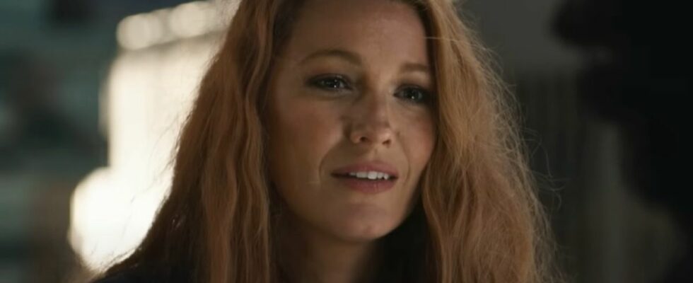 A close up of Blake Lively kind of smiling in It Ends With Us.