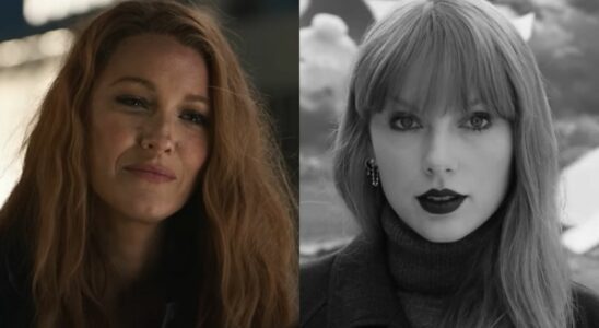 From left to right: Blake Lively almost smiling in It Ends With Us and Taylor Swift in black and white in the Fortnight music video.