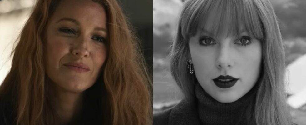 From left to right: Blake Lively almost smiling in It Ends With Us and Taylor Swift in black and white in the Fortnight music video.