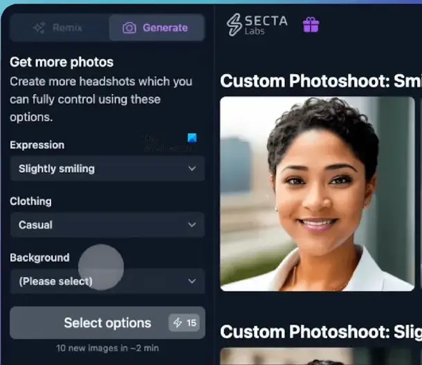 Générer des photos avec Secta AI Headshot