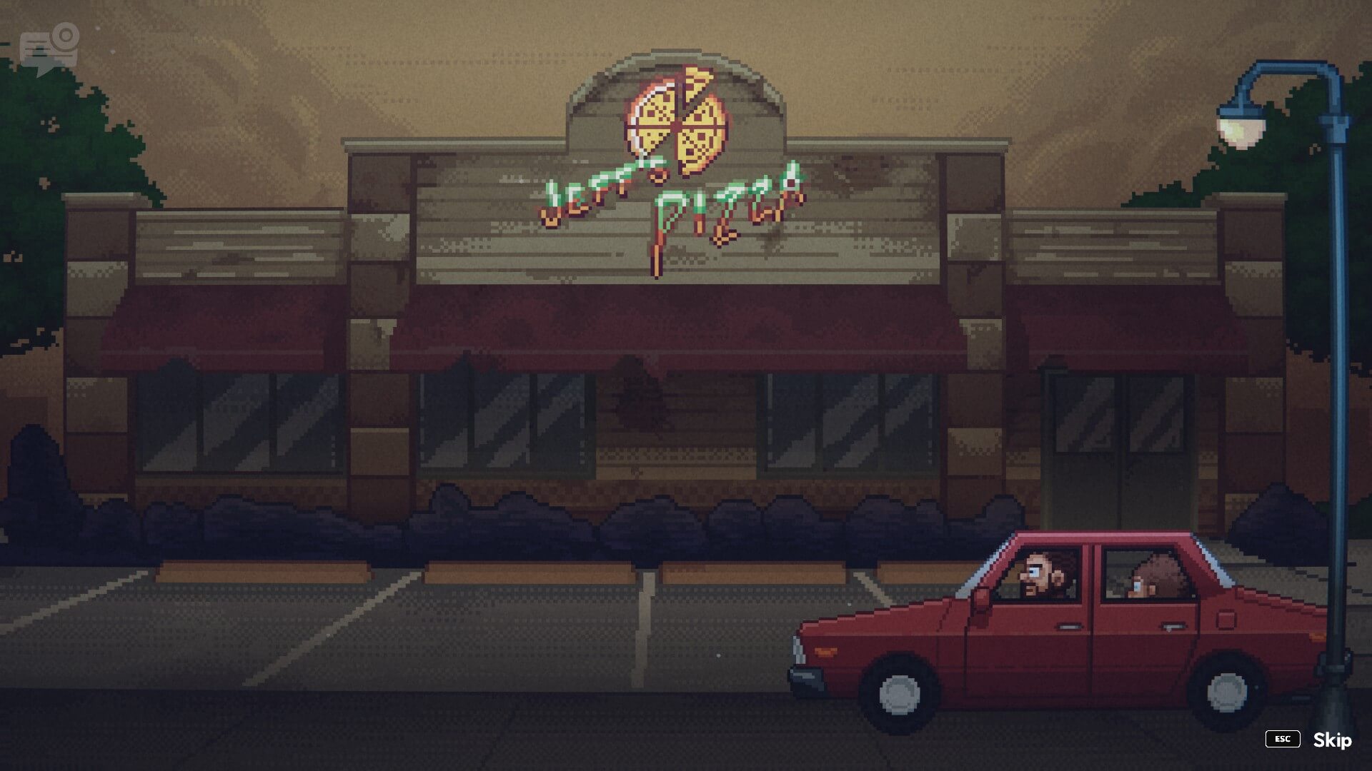 Capture d'écran du père d'Oswald qui le dépose chez Jeff's Pizza. L'endroit lui-même semble délabré de l'extérieur. 