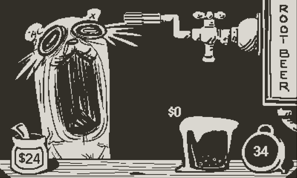 Une image tirée du jeu Root Bear montrant une illustration extrême d'un ours hurlant alors que Root Bear fait déborder un verre sur la table