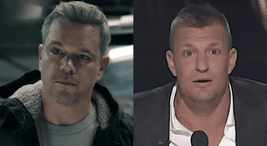 Matt Damon in The Instigators/ Rob Gronkowski on stage at the Roast of Tom Brady (side by side)