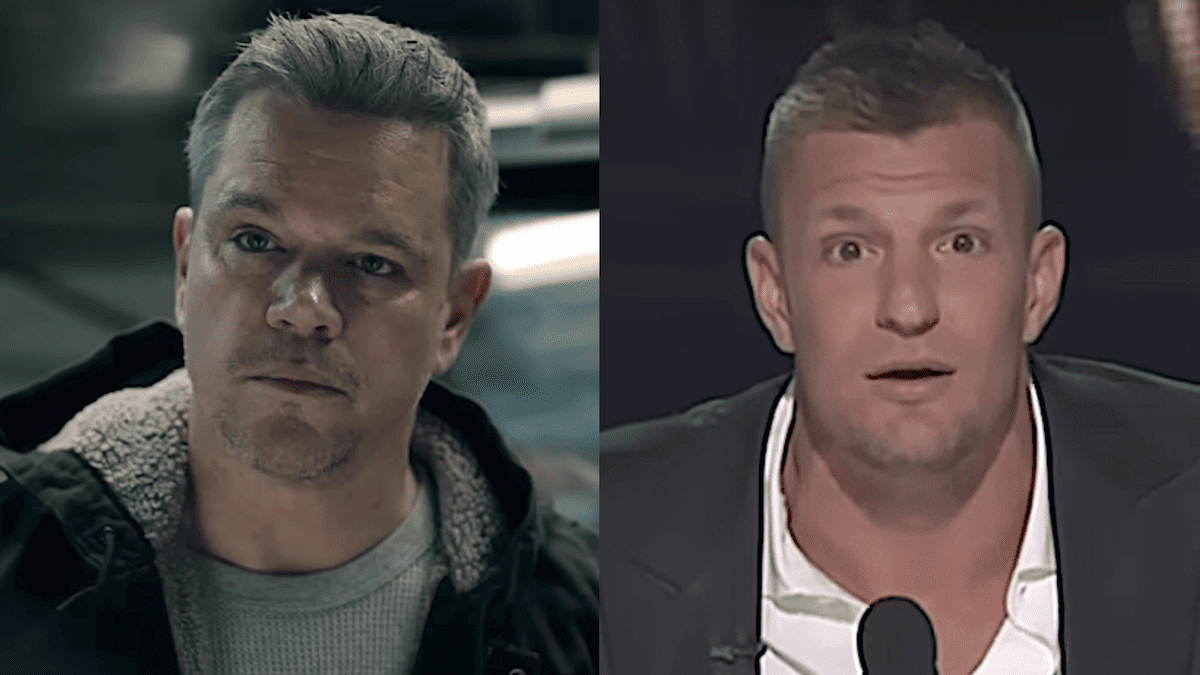 Matt Damon in The Instigators/ Rob Gronkowski on stage at the Roast of Tom Brady (side by side) 