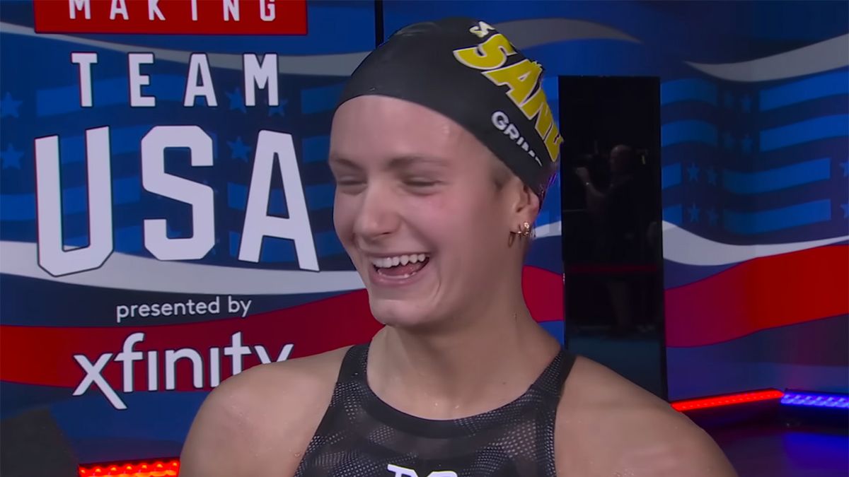 Katie Grimes does interview after pool qualifying event 2024 Olympics.