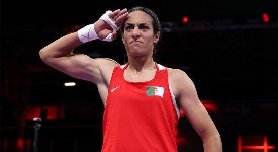 Imane Khelif celebrates victory against Anna Luca Hamori of Team Hungary at 2024 Olympics.