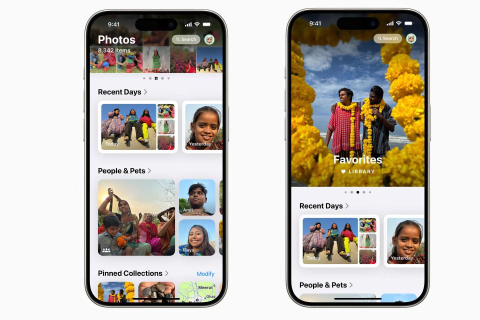 Deux iPhones affichant différentes vues de l'application Photos iOS 18 remaniée. Fond blanc.