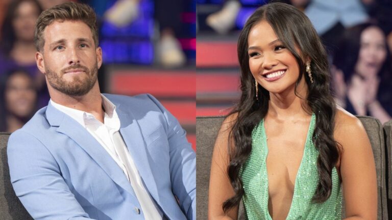 Side-by-side images show Sam McKinney and Jenn Tran each on stage at The Bachelorette Season 21 &quot;Men Tell All&quot; talking to Jesse Palmer on the episode that aired August 27, 2024.