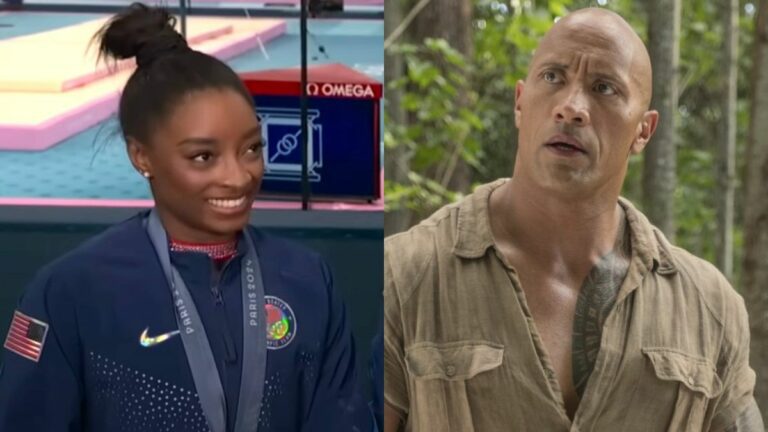 Simone Biles is interviewed at the 2024 Olympics and Dwayne Johnson is shown in Jumanji: Welcome to the Jungle.