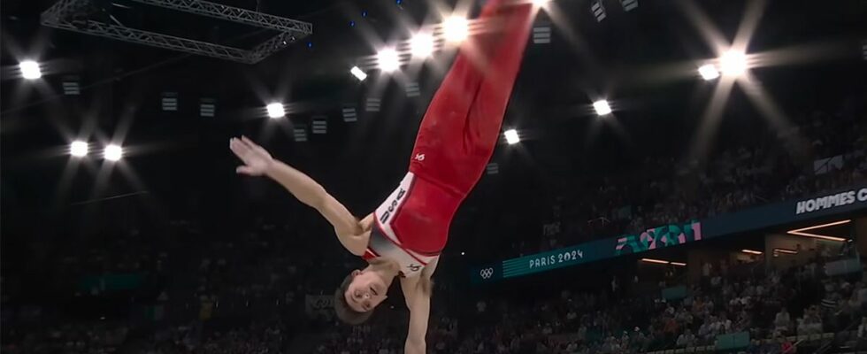 Stephen Nedoroscik goes full Superman during pommel horse finals at the 2024 Olympics.