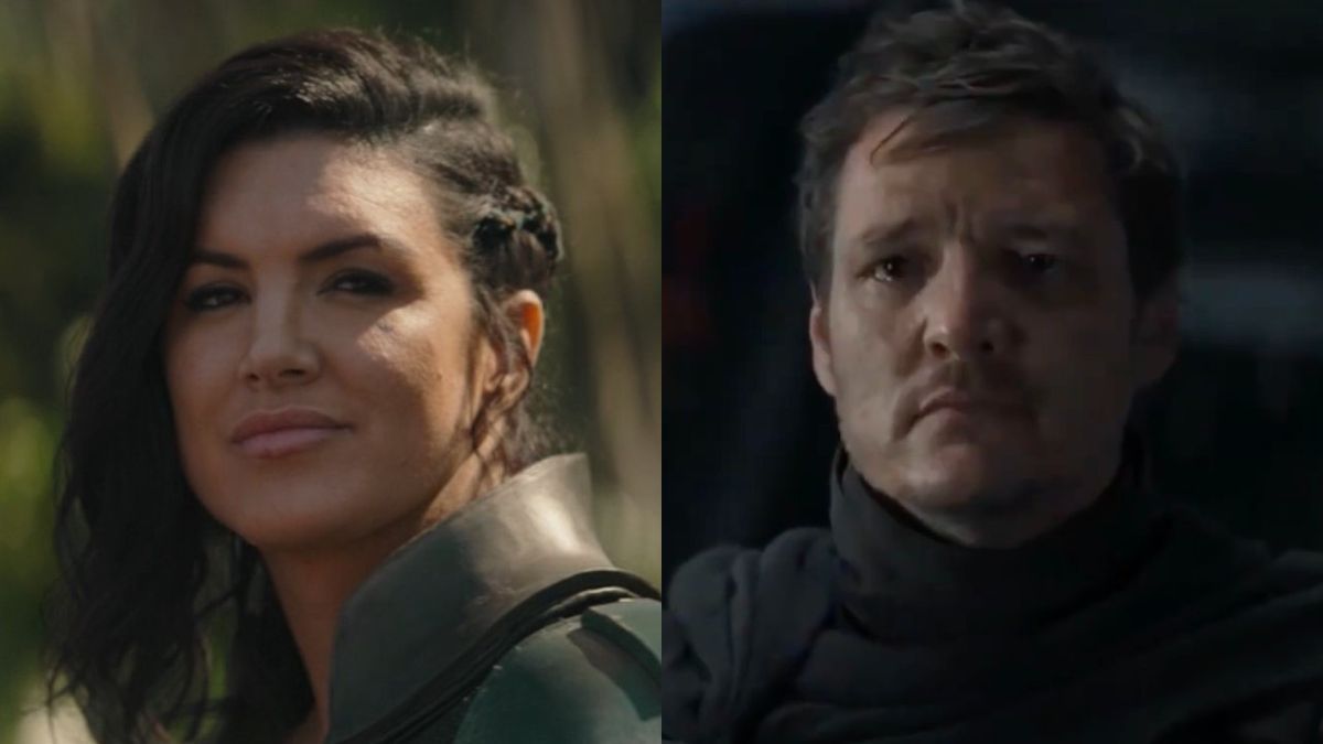 Cara Dune (Gina Carano) looks head, while Din Djarin sees Grogu off on The Mandalorian