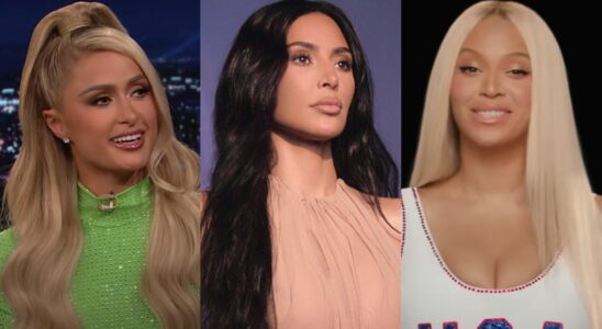 From left to right: A screenshot of Pairs Hilton smiling on The Tonight Show, Kim Kardashian looking to the right with a straight face in The Kardashians press photo and Beyonce smiling in NBC Olympics