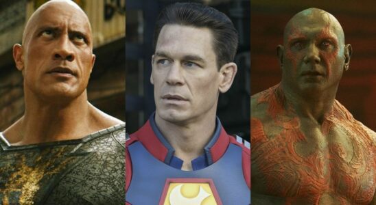 the rock in black adam, john cena as peacemaker, and dave bautista as drax