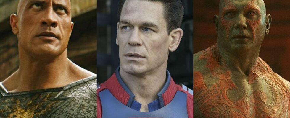 the rock in black adam, john cena as peacemaker, and dave bautista as drax