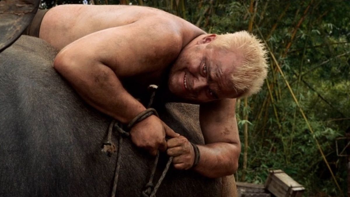 Almost-naked Jack Black strapped to back of a water buffalo in Tropic Thunder