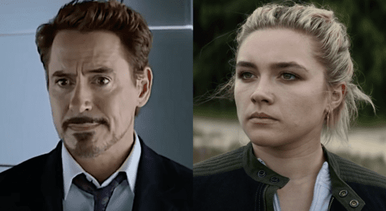 Robert Downey Jr. in Spider-Man: Homecoming/ Florence Pugh in Black Widow (side by side)