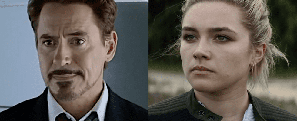 Robert Downey Jr. in Spider-Man: Homecoming/ Florence Pugh in Black Widow (side by side)