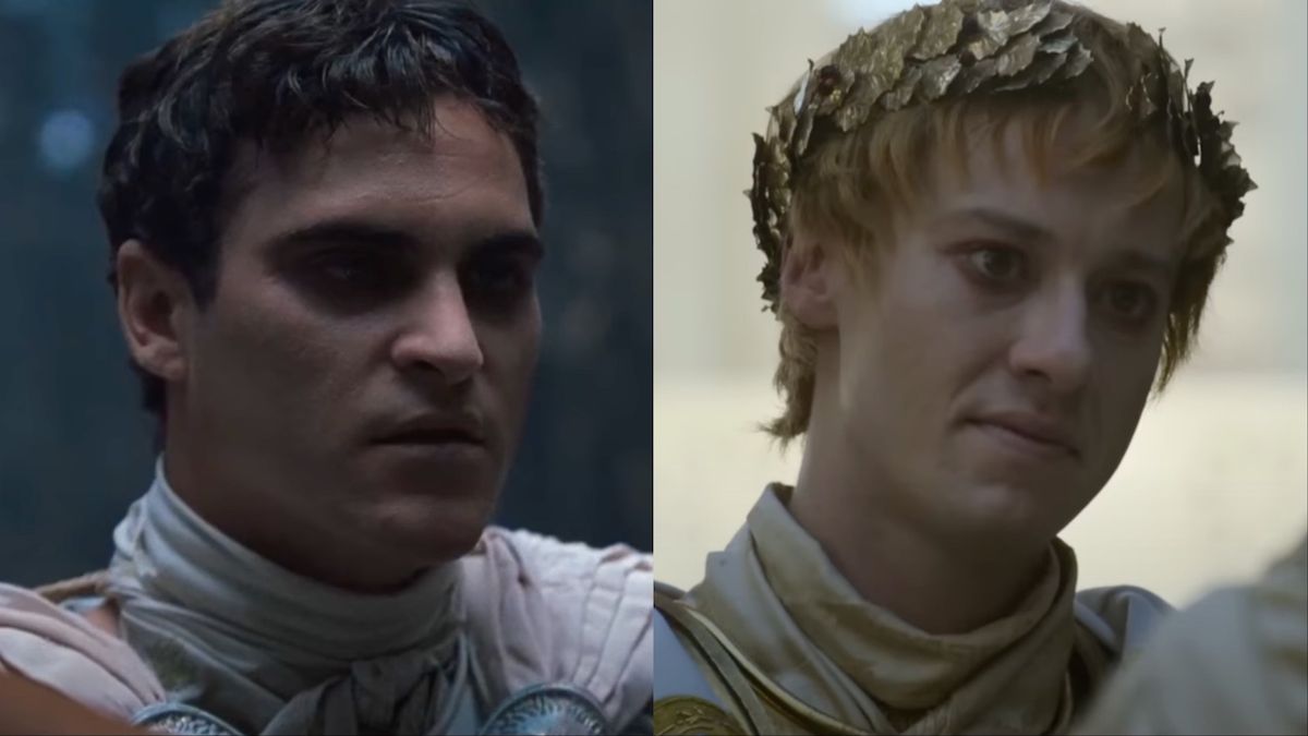 Joaquin Phoenix in Gladiator and Joseph Quinn in Gladiator II, both wearing white outfits