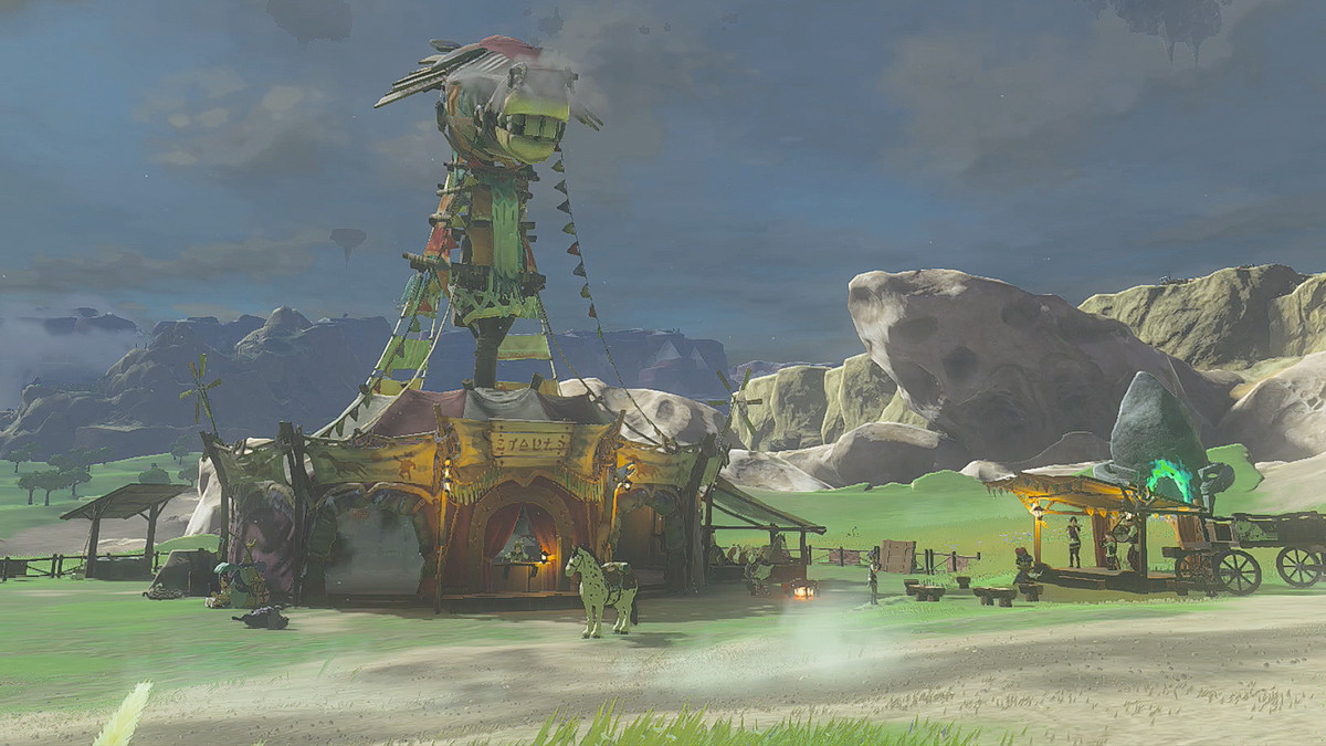 Capture d'écran de The Legend of Zelda: Tears of the Kingdom d'une écurie très fréquentée