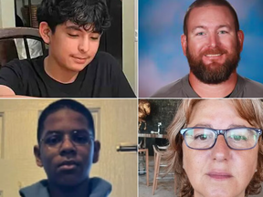 Victimes de la fusillade du lycée d'Apalachee, dans le sens des aiguilles d'une montre à partir du haut à gauche, Christian Angulo, 14 ans, Richard Aspinwall, 39 ans, Christina Irimie, 53 ans, et Mason Schermerhorn, 14 ans.