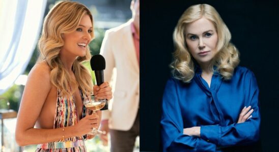 From left to right: Mighann Fahy talking into a mic and holding a glass and Nicole Kidman sitting at a table with her arms crossed in The Perfect Couple.