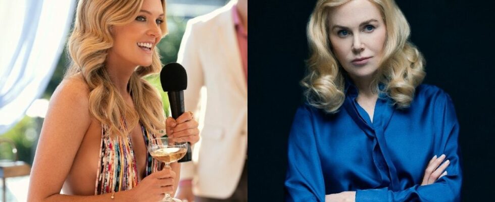 From left to right: Mighann Fahy talking into a mic and holding a glass and Nicole Kidman sitting at a table with her arms crossed in The Perfect Couple.