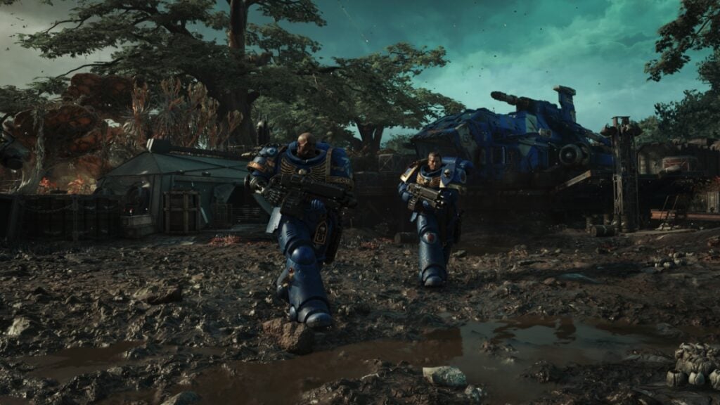 Deux Space Marines traversent le champ de bataille