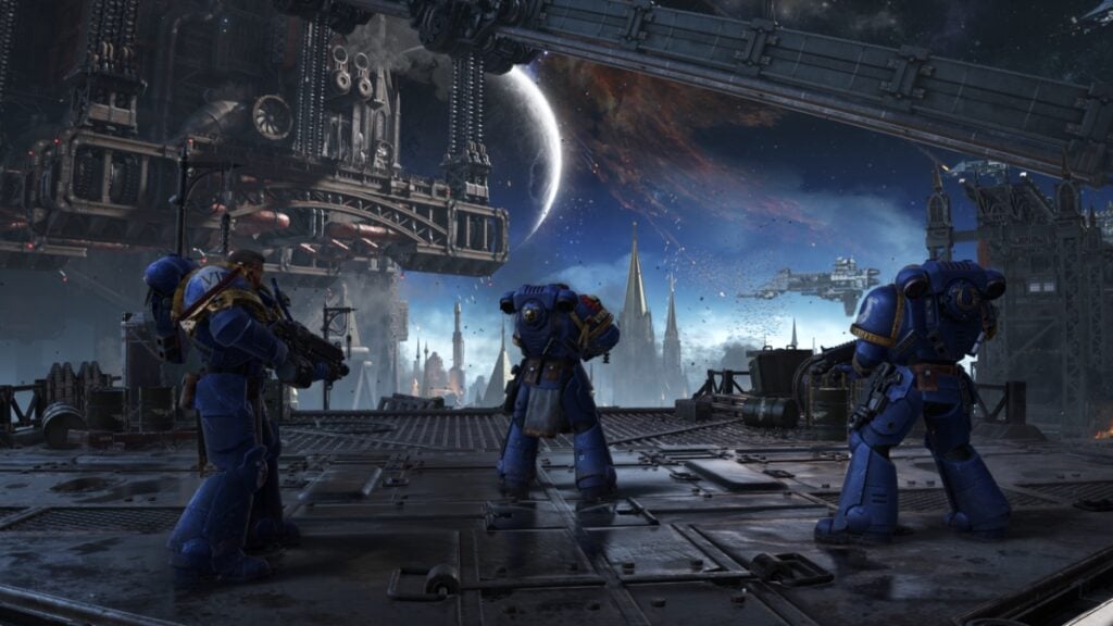 Plusieurs Space Marines regardent dans l'espace