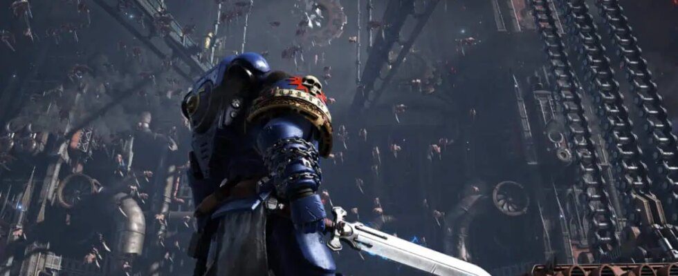 Titus gazes up at an ornate cathedral in Warhammer 40,000: Space Marine 2