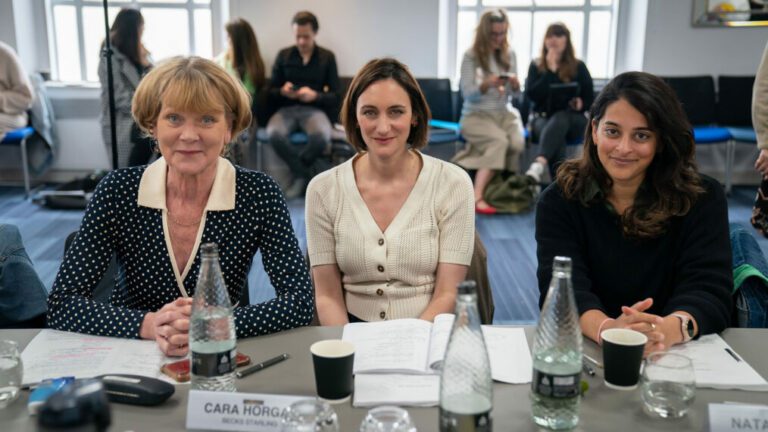 Samantha Bond (Judith Potts), Cara Horgan (Becks Starling), and Natalie Dew (DS Tanika Malik) at the readthrough of The Marlow Murder Club