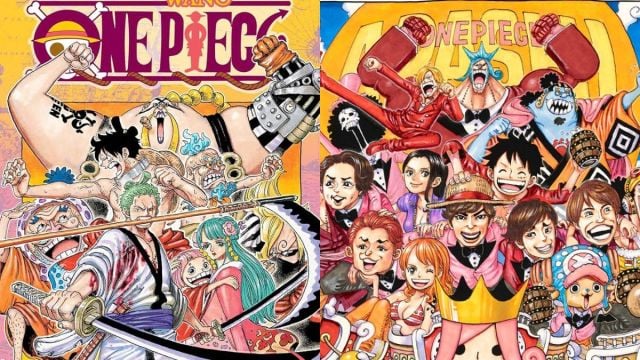 Couverture du volume 93 de One Piece et planche couleur du chapitre 967, représentant Queen et Franky dans des poses similaires.