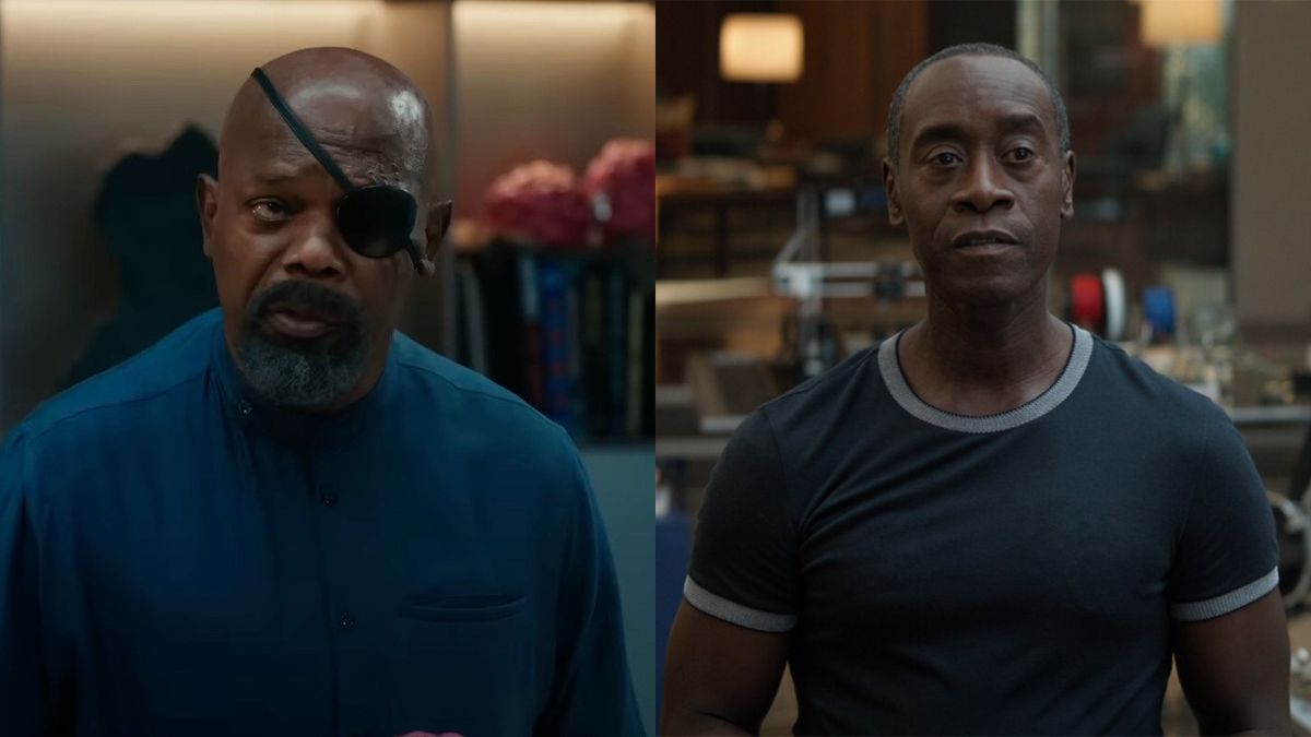 Nick Fury (Samuel L. Jackson) gives an order in The Marvels, and James Rhodes (Don Cheadle) talks with the Avengers in Avengers: Endgame