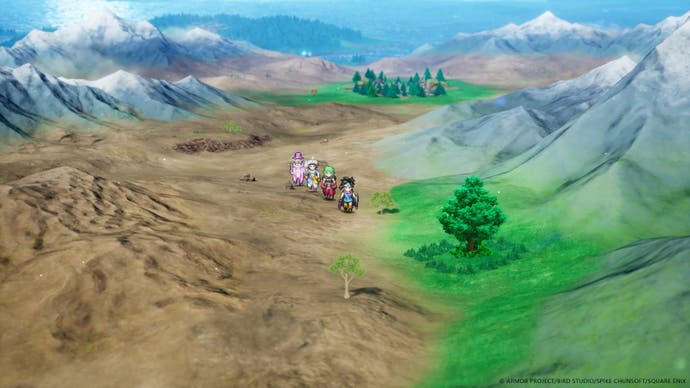 Capture d'écran du remake HD-2D de Dragon Quest 3 montrant la carte du monde tandis que les personnages courent devant des montagnes et des arbres