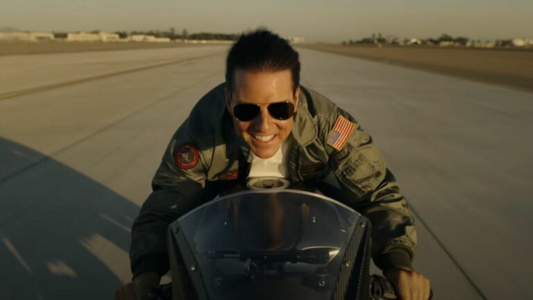 Pete &quot;Maverick&quot; Mitchell (Tom Cruise) rides to Top Gun in Top Gun: Maverick