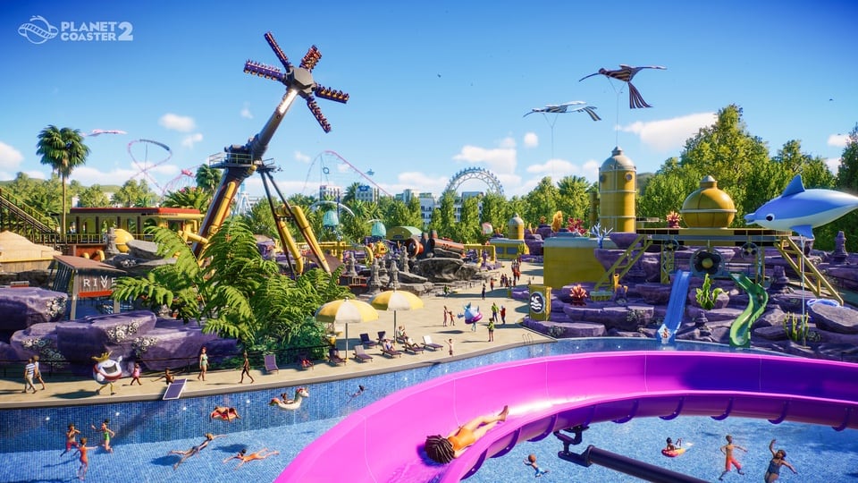 Plan large d'un parc aquatique dans Planet Coaster 2