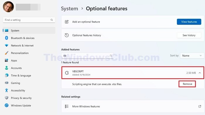 Supprimer la fonctionnalité facultative VbScript de Windows