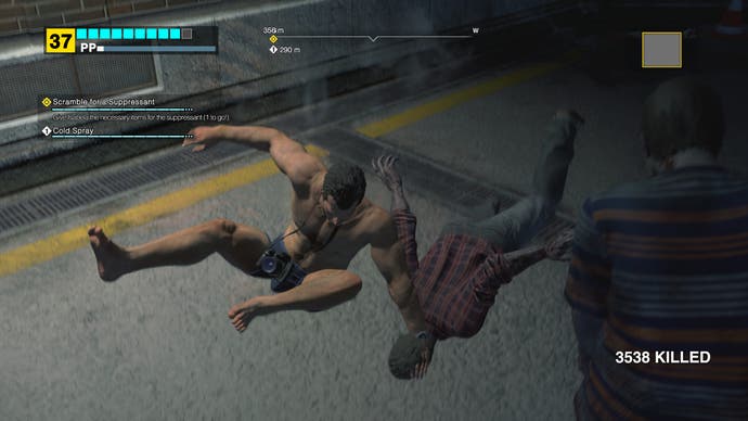 Un Frank torse nu lutte contre un zombie sur le sol dans une capture d'écran de Dead Rising Deluxe Remaster.