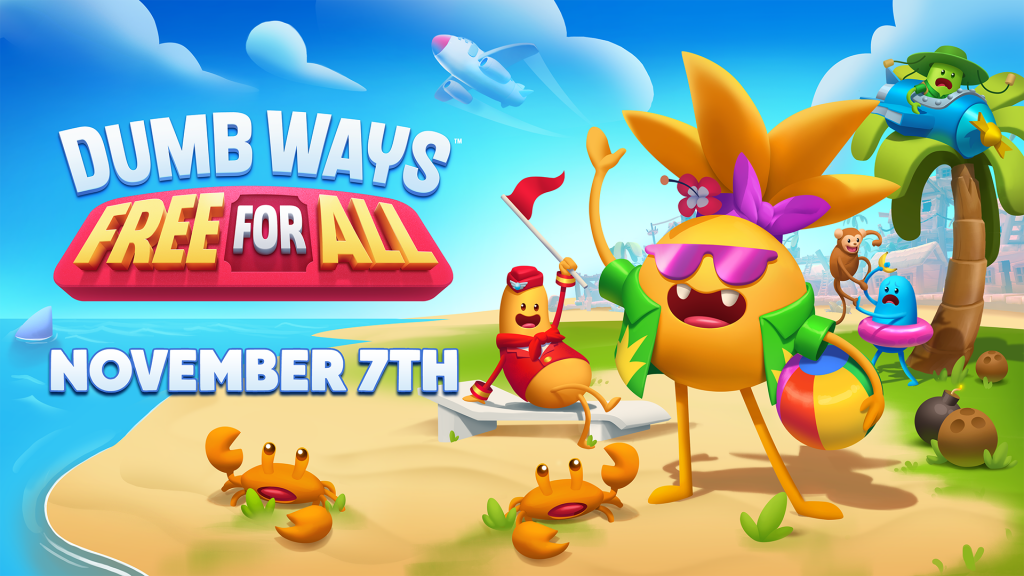 Image officielle du nouveau jeu de réalité virtuelle Dumb Ways Free For All. Des personnages colorés sont assis sur une plage et lèvent les mains comme s'ils faisaient signe. Le texte de l'image se lit comme suit : "Dumb Ways est gratuit pour tous. 7 novembre" 